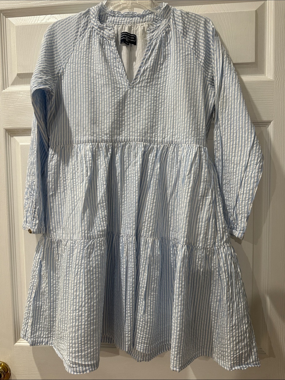 Duffield Lane Light Blue & White seer sucker Striped Tiered Dress